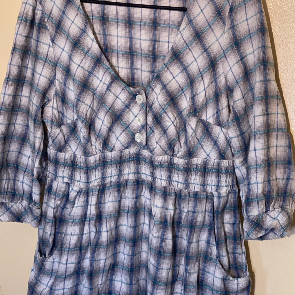 Decree Women’s Plaid Tunic Top XL/XG Blue White Check 3/4 Sleeve Pockets Boho